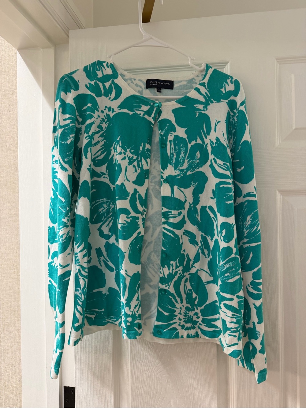 Jones New York Teal and White Floral Open Cardigan